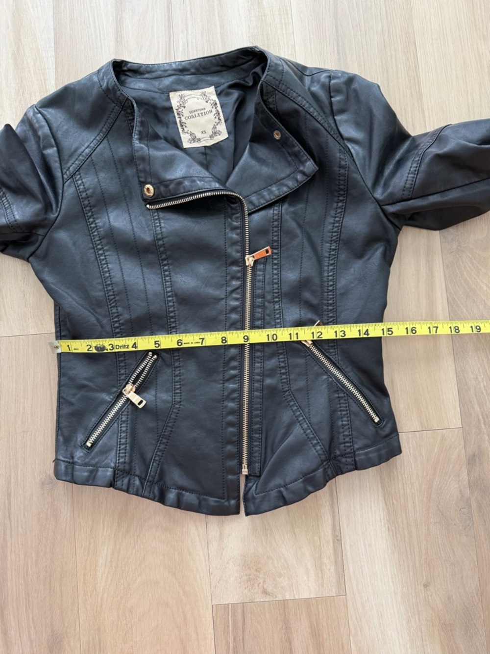 Women's Black Faux Leather Asymmetric Zip Jacket with Gold Hardware - Picture 11 of 12